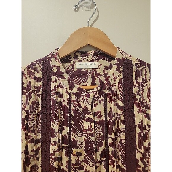 Maison Hotel Ninette Blouse Bacco Wine Floral Print XL Boho Long Sleeve Relaxed - Picture 2 of 7